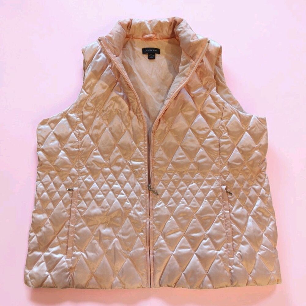 Lands’ End Women’s 2X Plus Pearl Pink Quilted Vest Down Filled Full zip